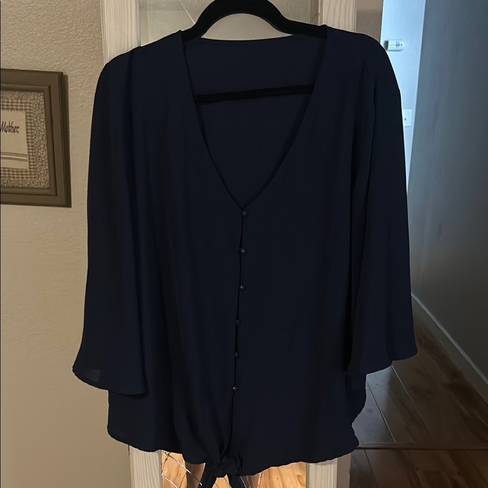 Blue Buttoned Tie Front Blouse